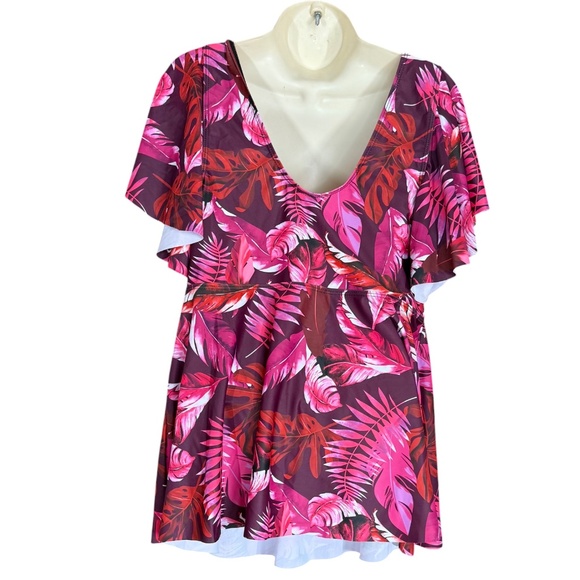 Tropical Pink Palm Leaf Print Flutter Sleeve  Swim Top With Built-In Bra Top 3X - Picture 3 of 10